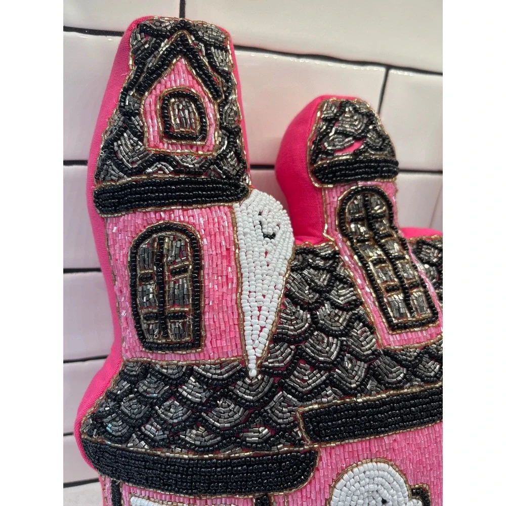 Cupcakes and Cashmere Pink Beaded Haunted House Ghost Halloween Decor Pillow